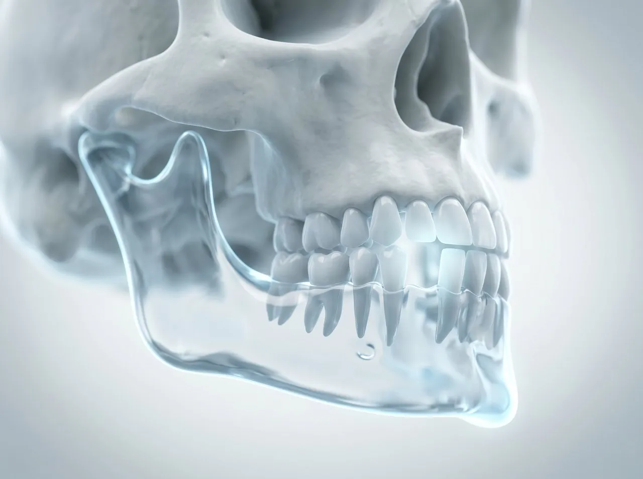 Halbtransparentes 3D-Modell eines Schädels mit Ober- und Unterkiefer, Zahnwurzeln und Kiefergelenk