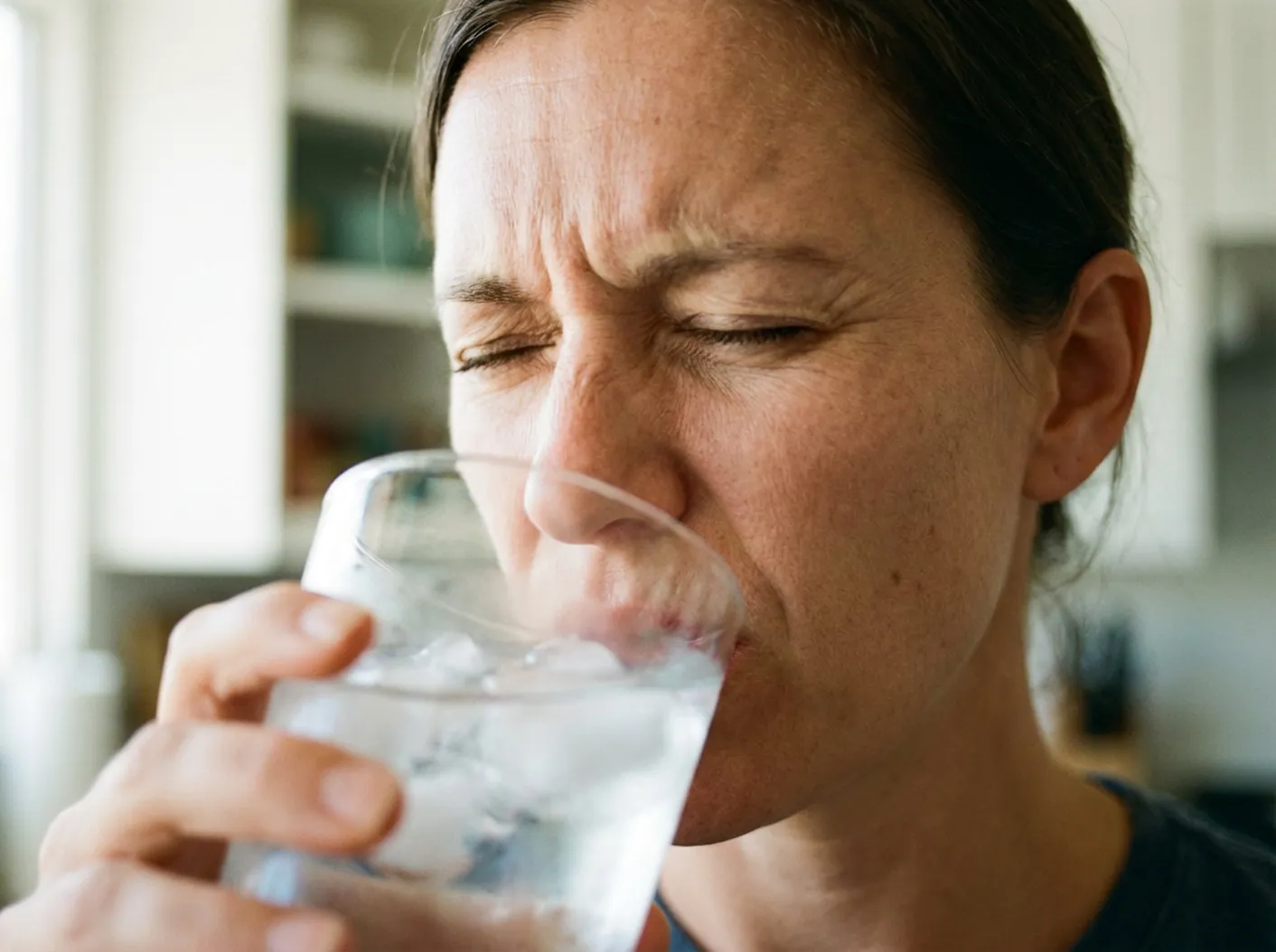 Frau trinkt ein Glas Wasser mit Eiswürfeln und kneift dabei vor Schmerz die Augen zusammen