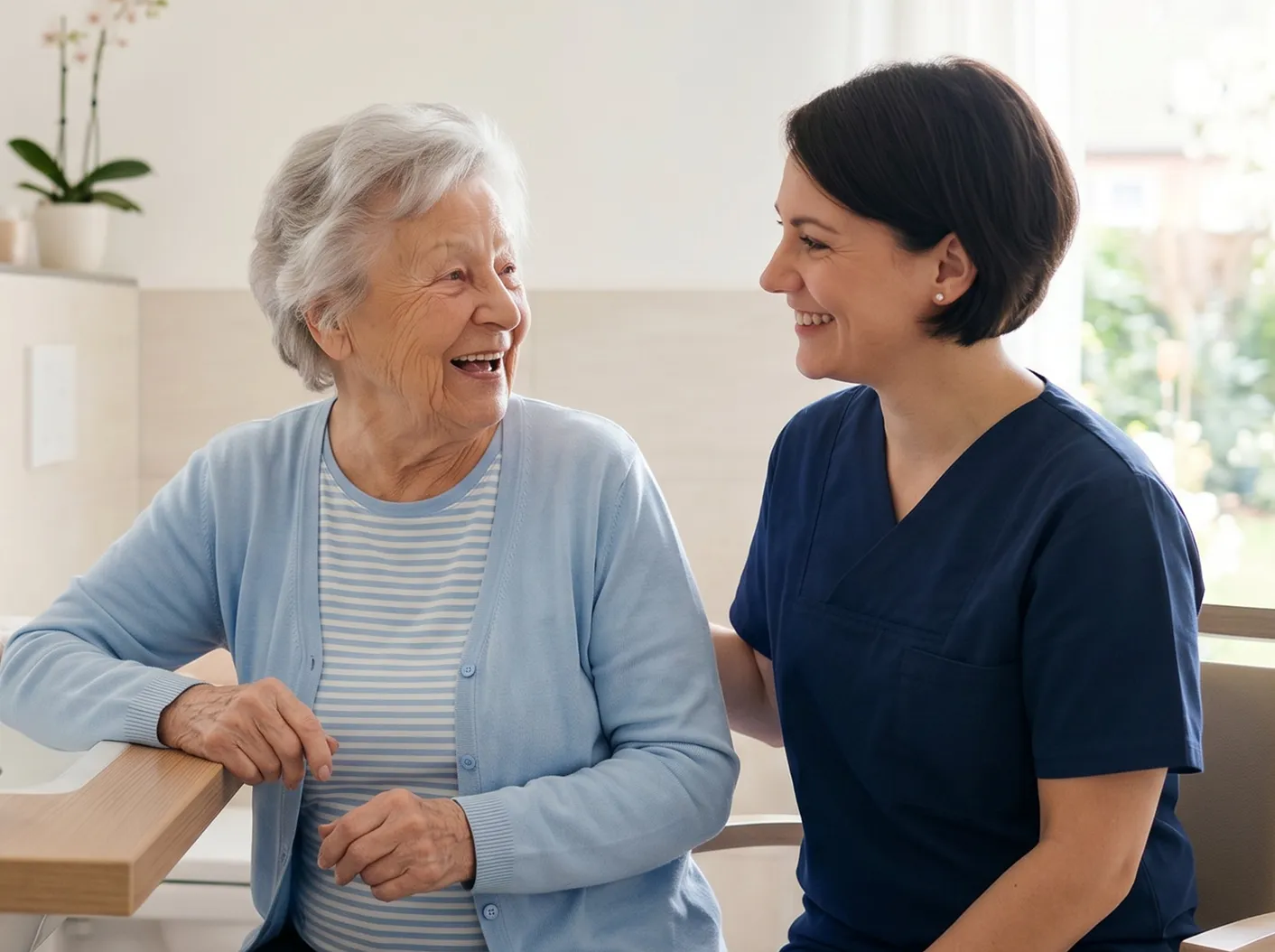 Seniorin und Zahnärztin von Wunschlachen lachen gemeinsam am Waschtisch