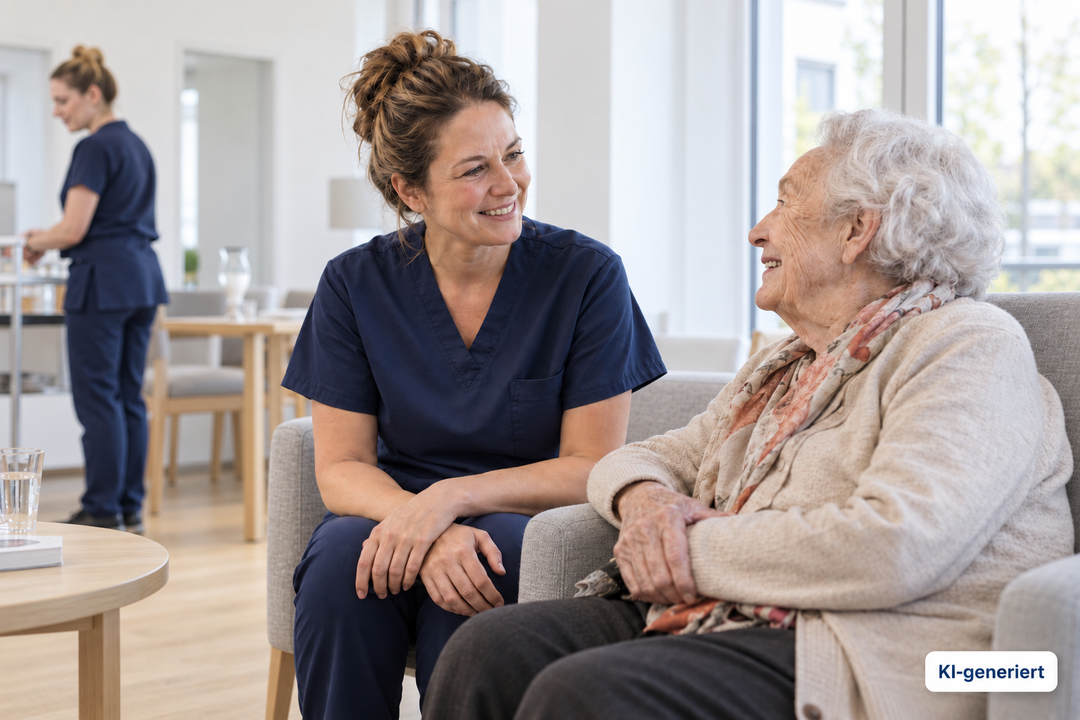 KI-generiertes Konzeptmotiv: Eine Zahnärztin spricht mit einer Seniorin in einem hellen Aufenthaltsraum einer Pflegeeinrichtung.